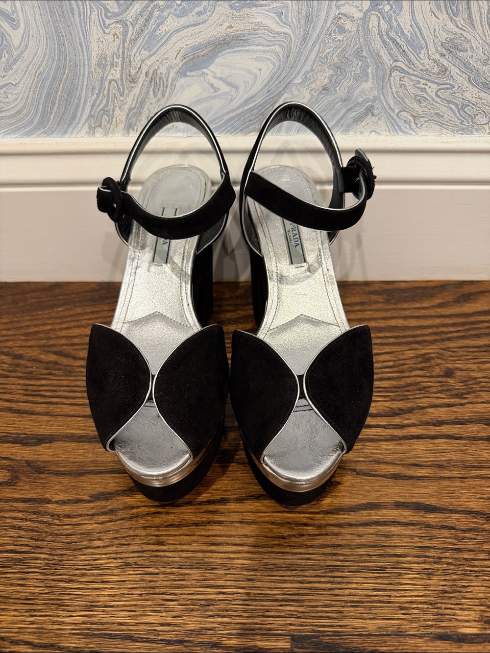 Prada Black Suede Platform Peep-Toe Heels with Silver Trim - Picture 3 of 3